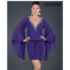 New JOVANI Purple Short Prom Party Dress Sz 10 Bell Sleeves Chiffon Rhinestones